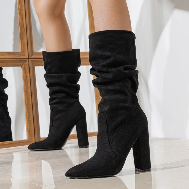 Women's Ruched Block Heel Mid-Calf Boot-8