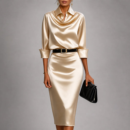 Women's Satin Midi Dress with Cowl Neck - photo 2