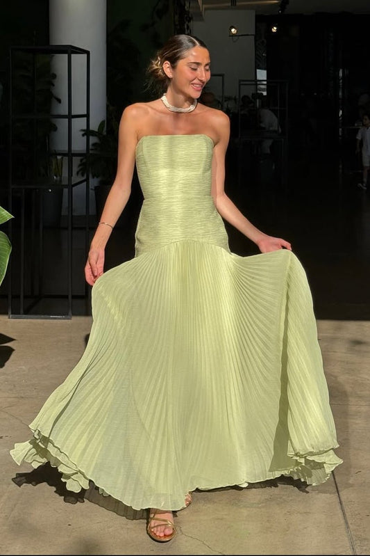 Women's Strapless Maxi Dress with Pleated Skirt-2
