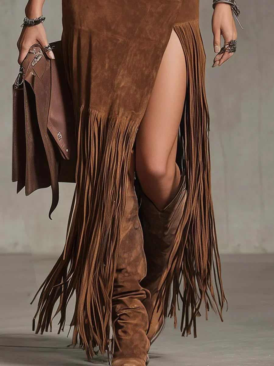 Women's Suede-Look Fringed Midi Skirt with Side Split - photo 3