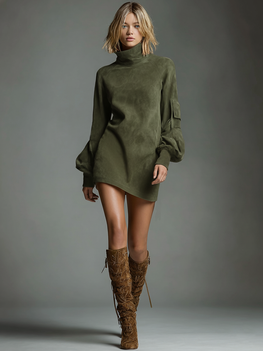 Women's Suede-Look Oversized Mini Dress with Turtleneck - photo 15