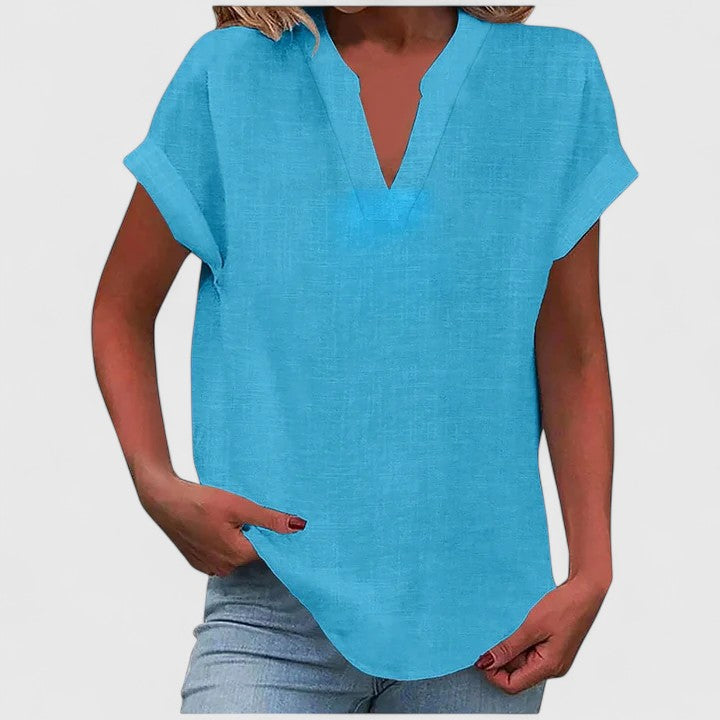 Women's V-Neck Blouse with Roll-Tab Sleeves in Aqua Blue