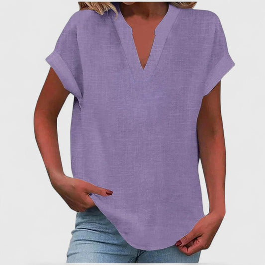 Women's V-Neck Blouse with Roll-Tab Sleeves in Purple