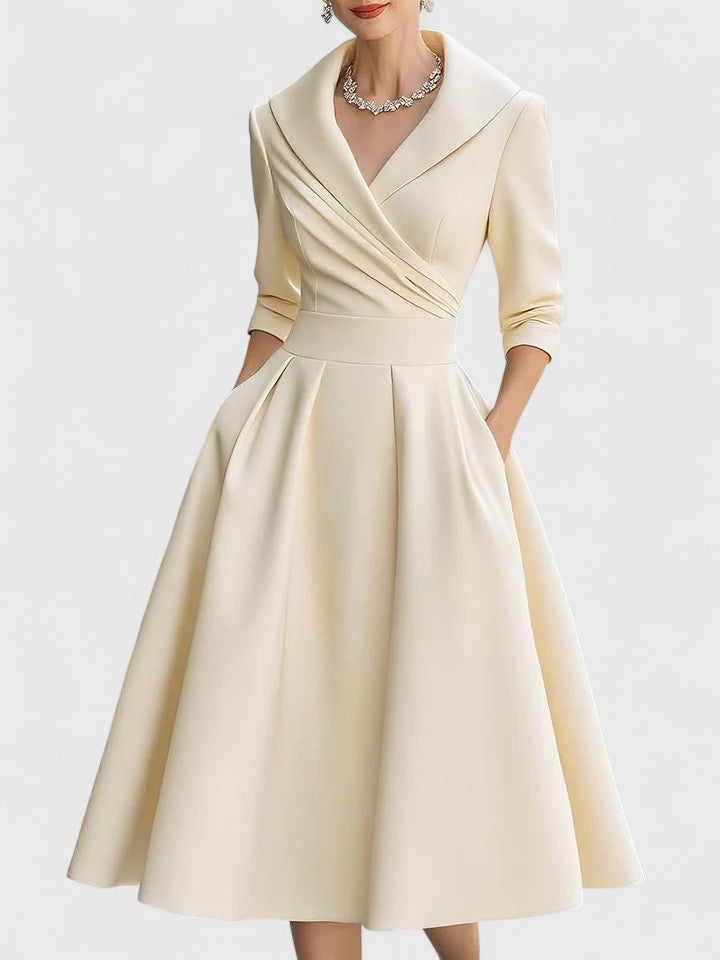 Women's Midi Dress with V-Neck and Short Sleeves