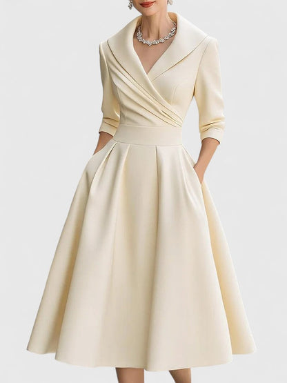 Women's Midi Dress with V-Neck and Short Sleeves