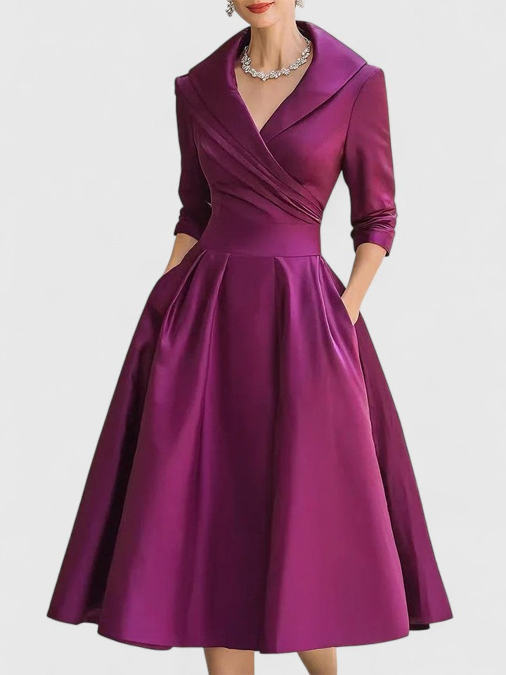 Women's Midi Dress with V-Neck and Short Sleeves