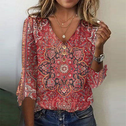 Women's Paisley Print Blouse with Button Placket