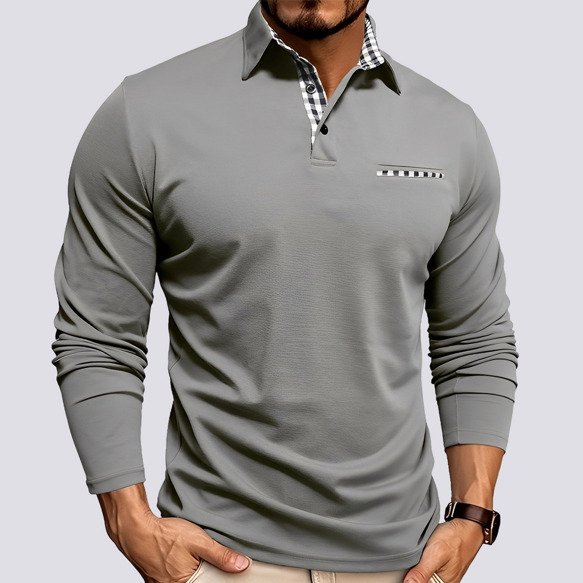Men's Long-Sleeve Polo Shirt with Button Placket