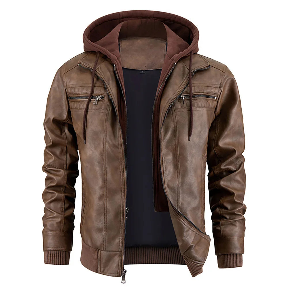 Men's Leather Look Coat with Detachable Hood