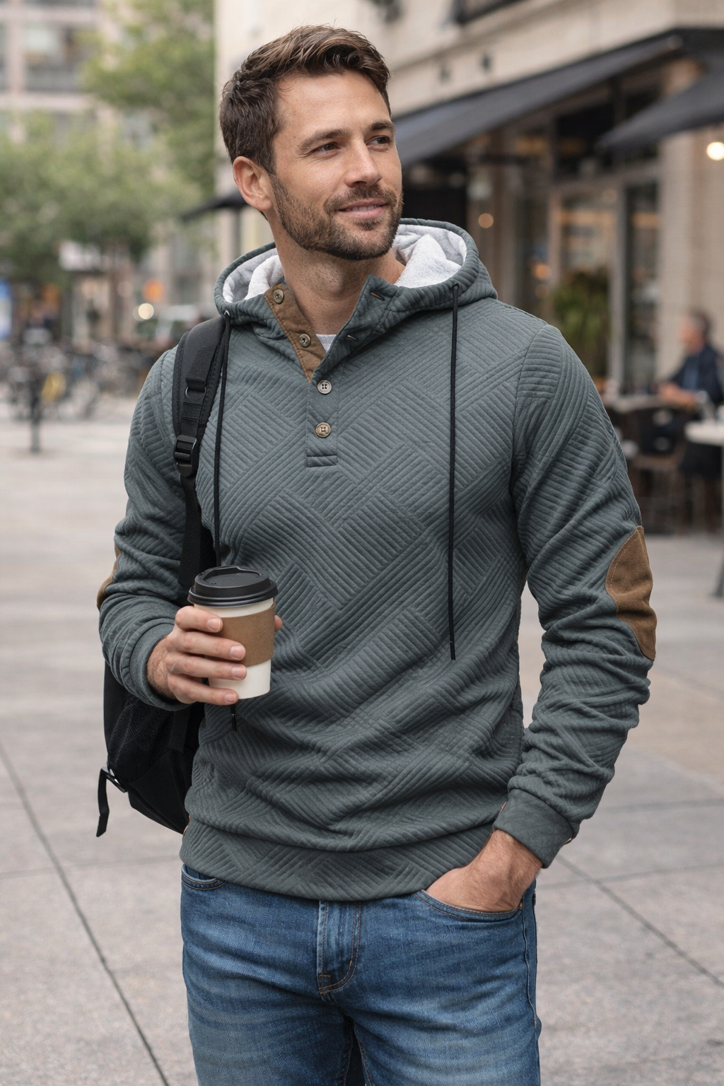 Men's Hooded Henley Sweatshirt with Elbow Patches