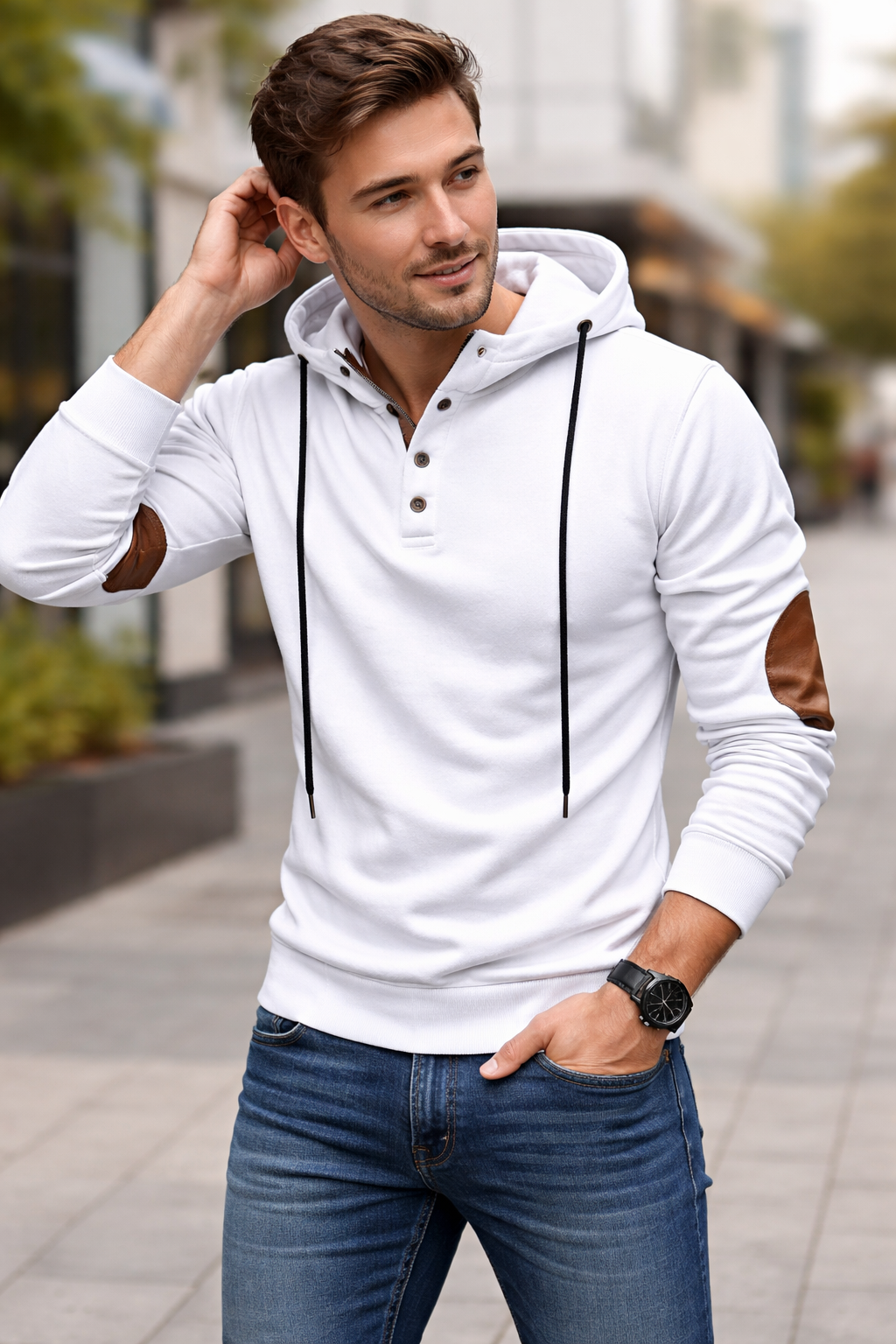 Men's Hooded Henley Sweatshirt with Elbow Patches