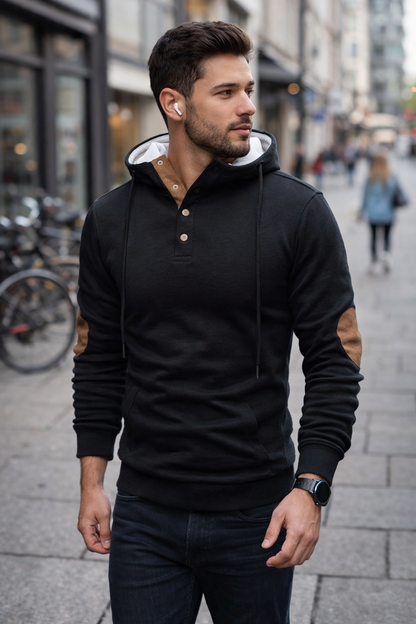 Men's Hooded Henley Sweatshirt with Elbow Patches