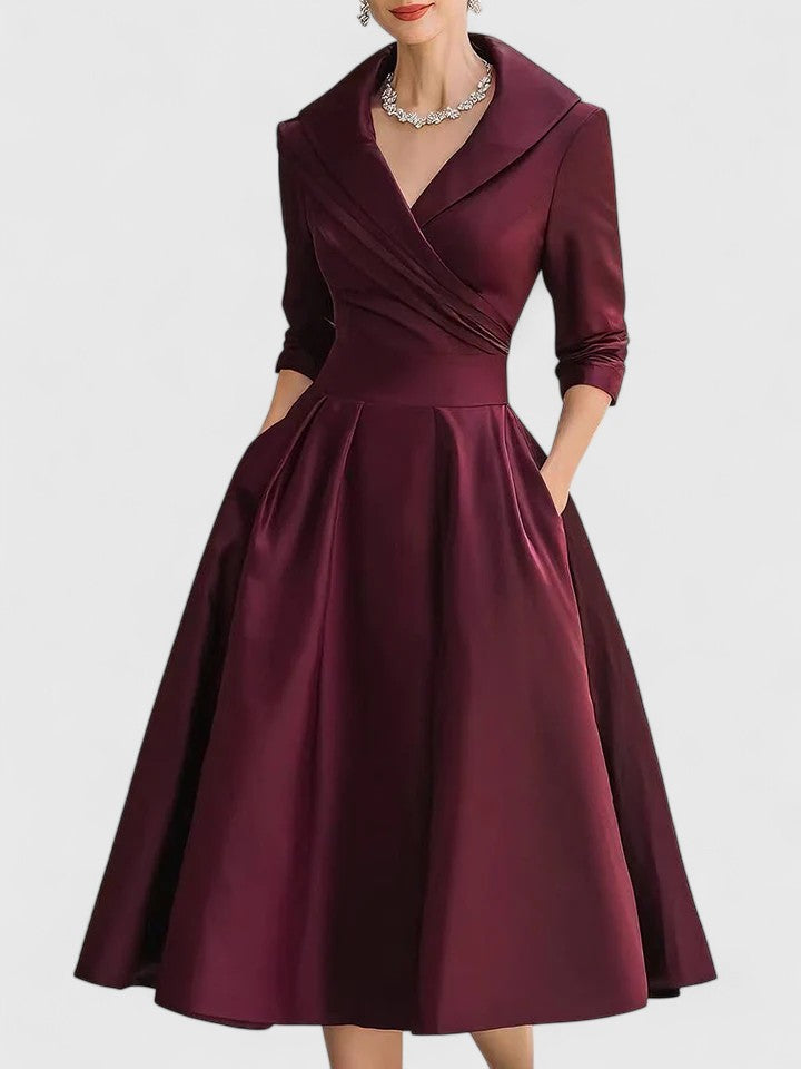 Women's Midi Dress with V-Neck and Short Sleeves