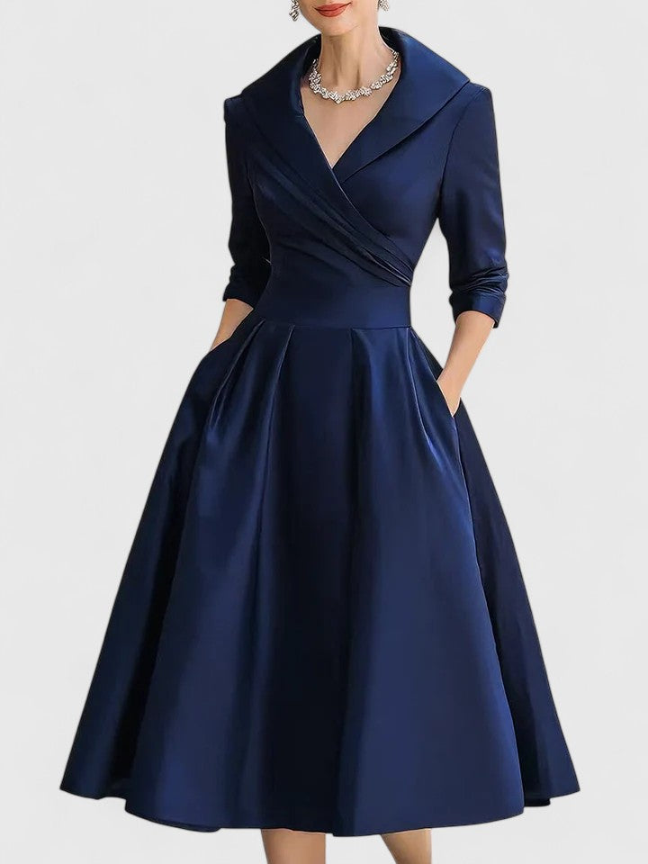 Women's Midi Dress with V-Neck and Short Sleeves