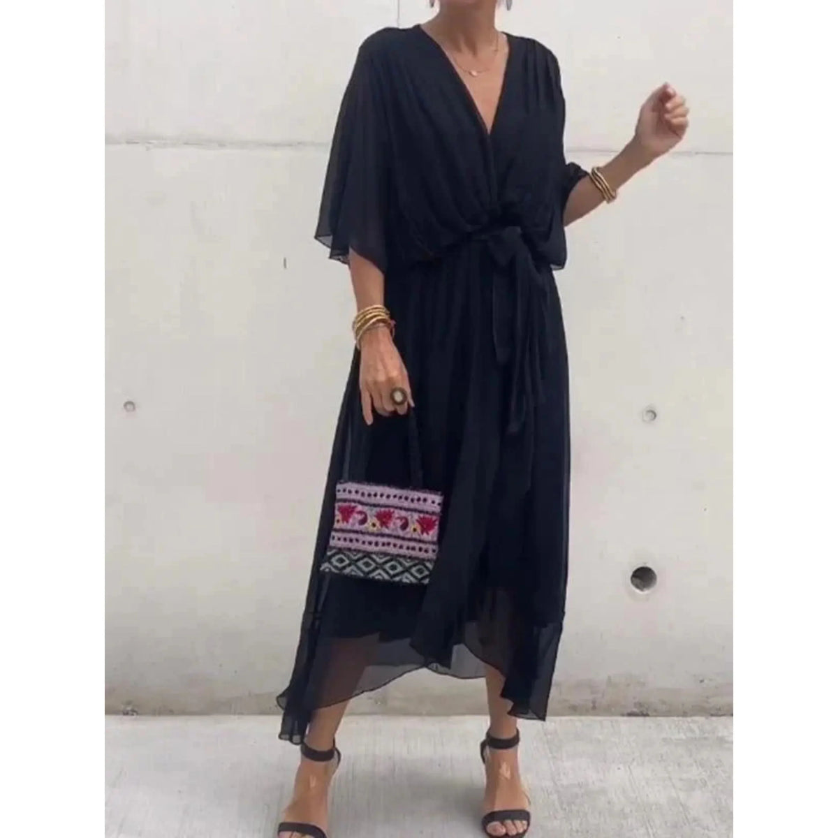 Women's Chiffon Wrap Midi Dress with Batwing Sleeves and Tie Waist - Black