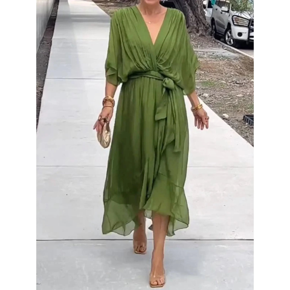 Women's Chiffon Wrap Midi Dress with Batwing Sleeves and Tie Waist - Green