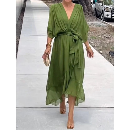 Women's Chiffon Wrap Midi Dress with Batwing Sleeves and Tie Waist - Green