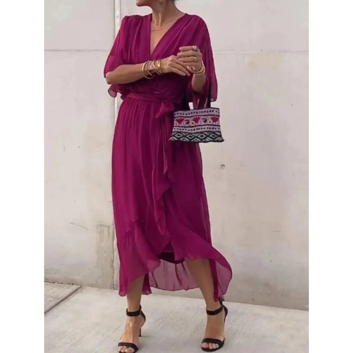 Women's Chiffon Wrap Midi Dress with Batwing Sleeves and Tie Waist - Magenta