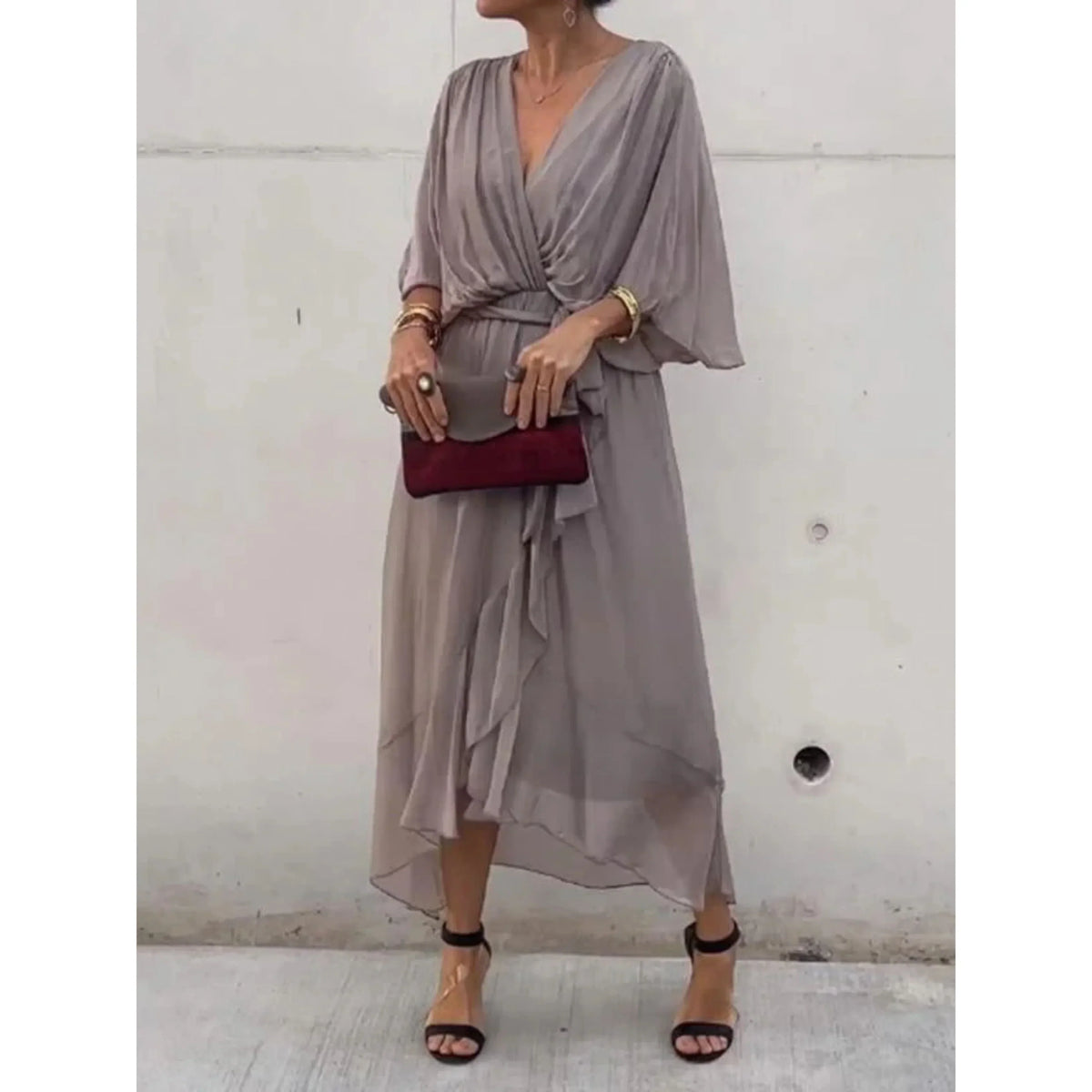 Women's Chiffon Wrap Midi Dress with Batwing Sleeves and Tie Waist - Grey