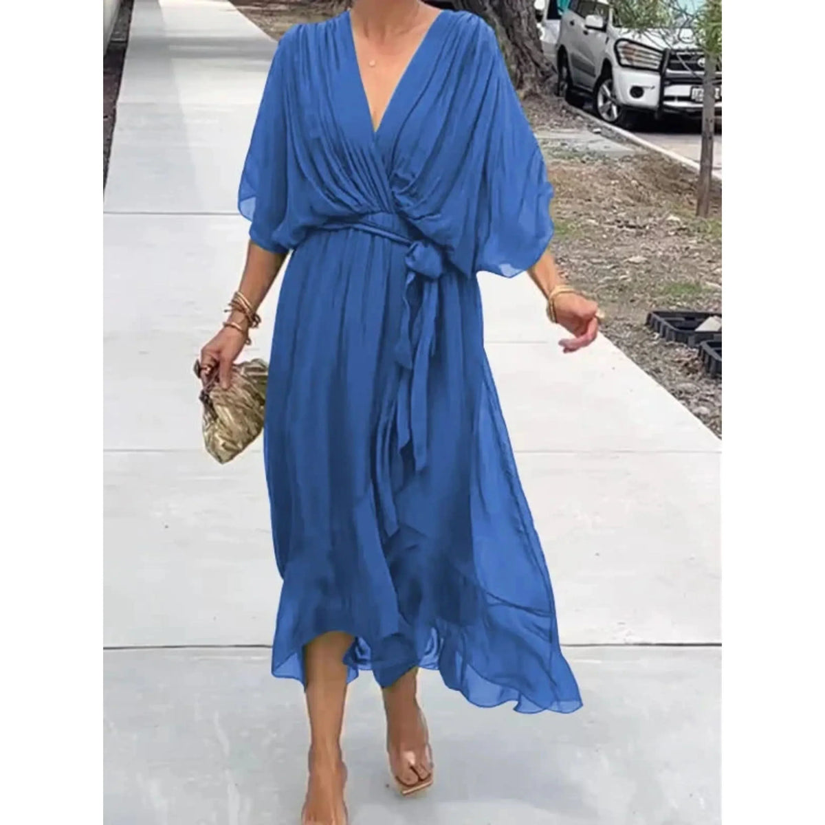 Women's Chiffon Wrap Midi Dress with Batwing Sleeves and Tie Waist - Blue