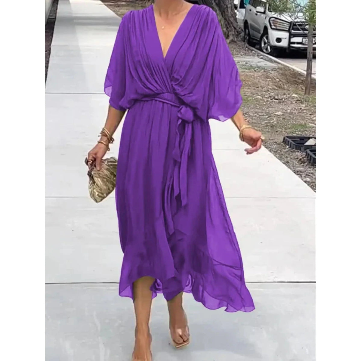 Women's Chiffon Wrap Midi Dress with Batwing Sleeves and Tie Waist - Purple