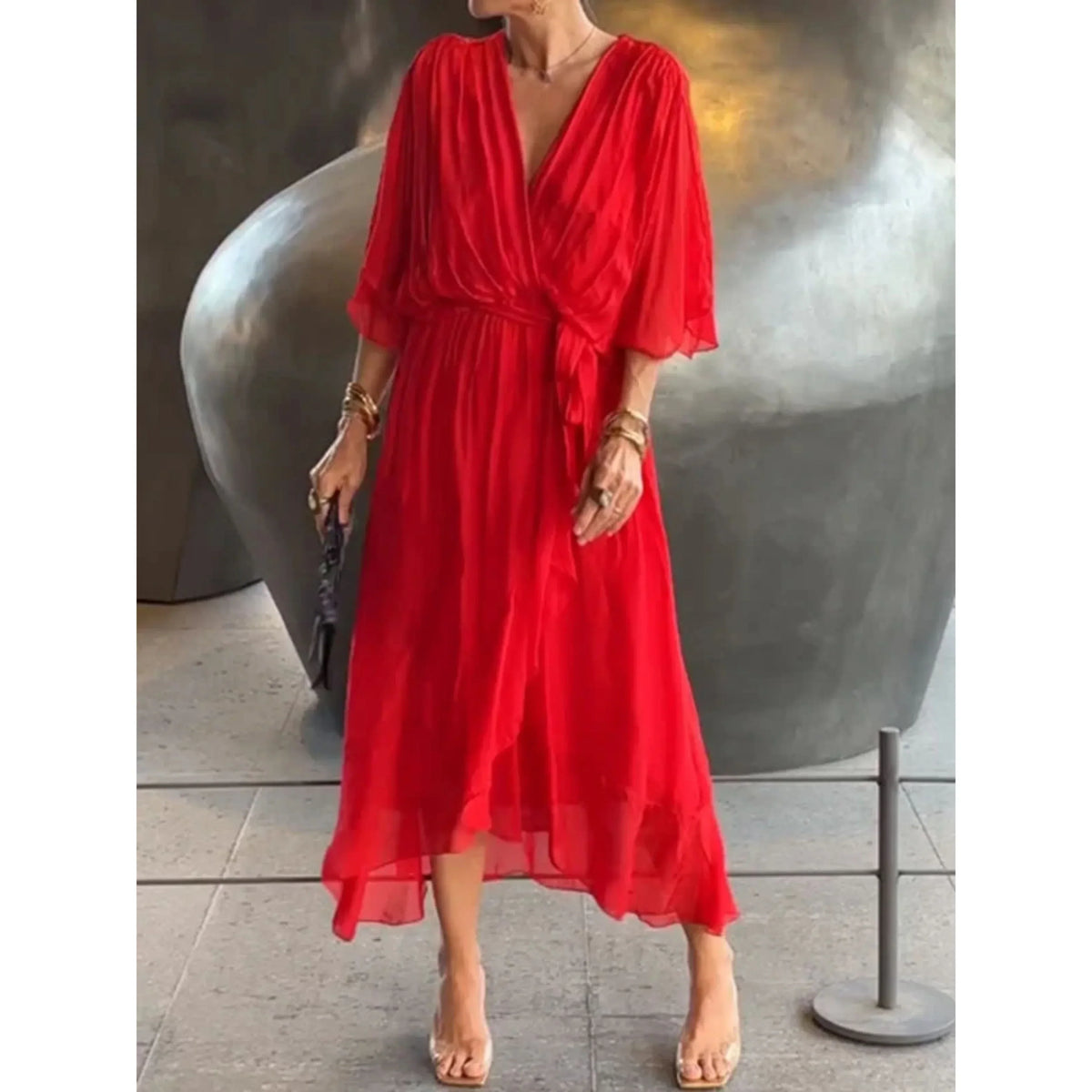 Women's Chiffon Wrap Midi Dress with Batwing Sleeves and Tie Waist - Red