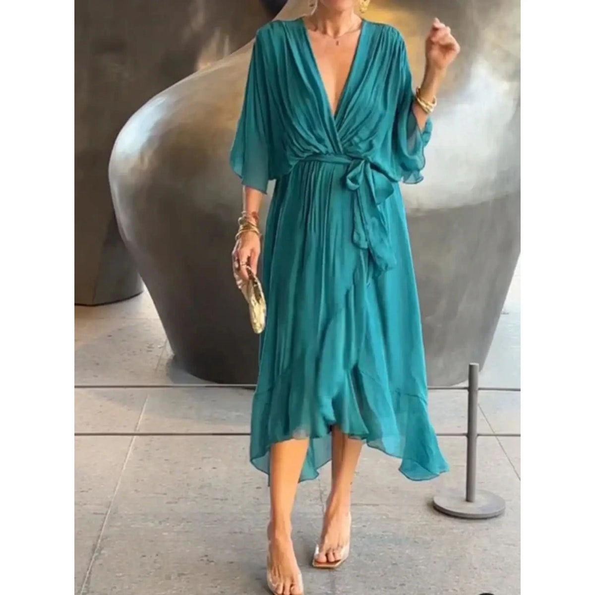 Women's Chiffon Wrap Midi Dress with Batwing Sleeves and Tie Waist - Sarcelle