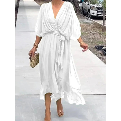 Women's Chiffon Wrap Midi Dress with Batwing Sleeves and Tie Waist - White