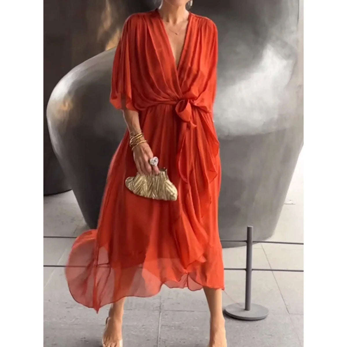 Women's Chiffon Wrap Midi Dress with Batwing Sleeves and Tie Waist - Orange