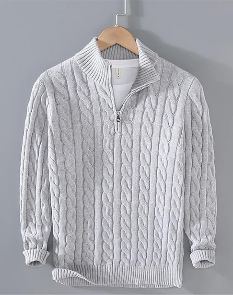 Men's Cable-Knit Half-Zip Jumper with High Collar