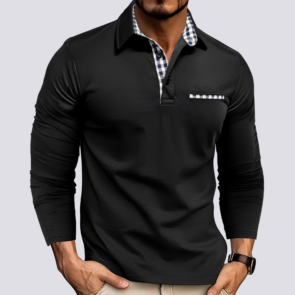 Men's Long-Sleeve Polo Shirt with Button Placket