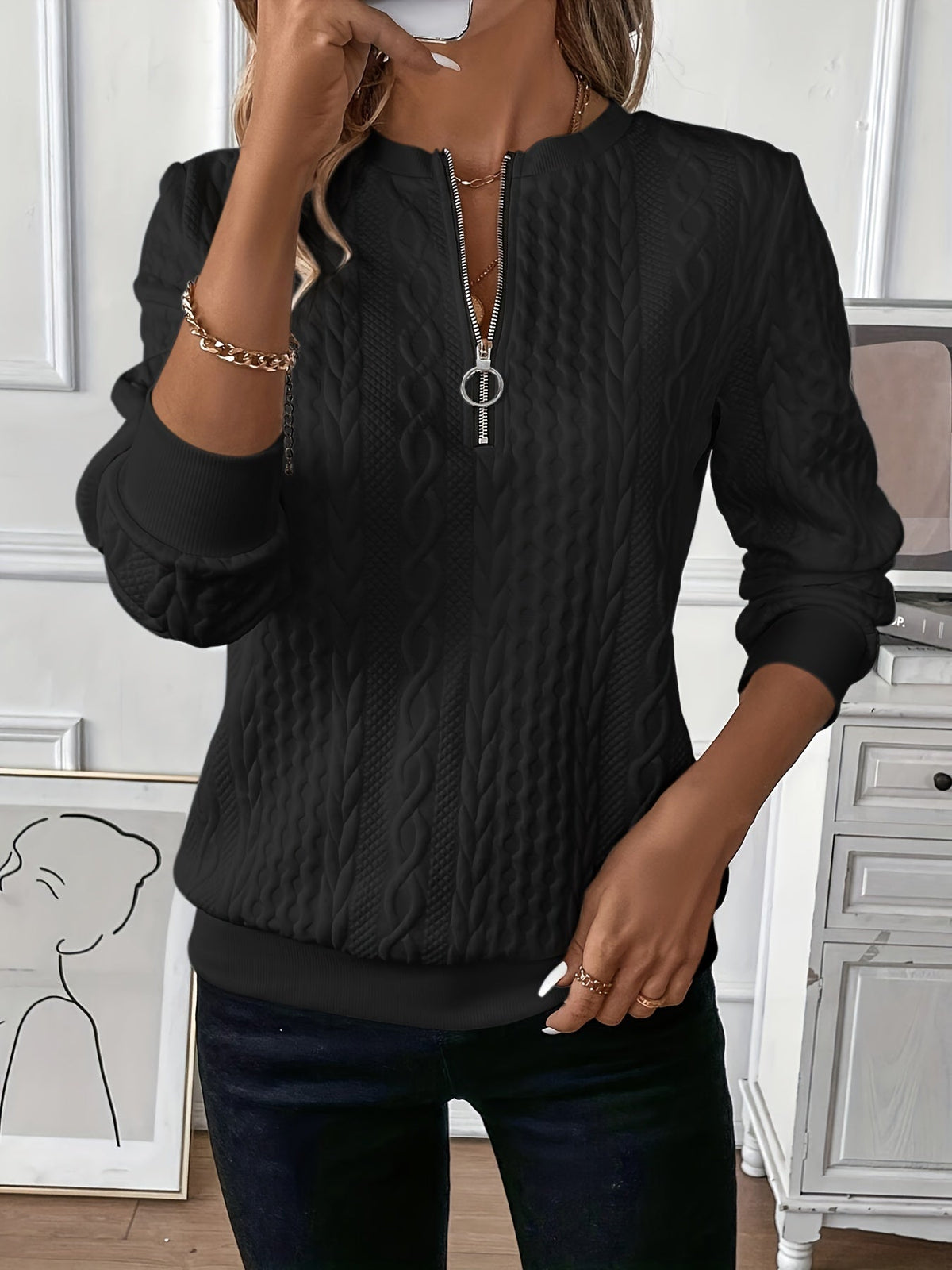 Women's Zip-Through Knit Jumper with Stand Collar