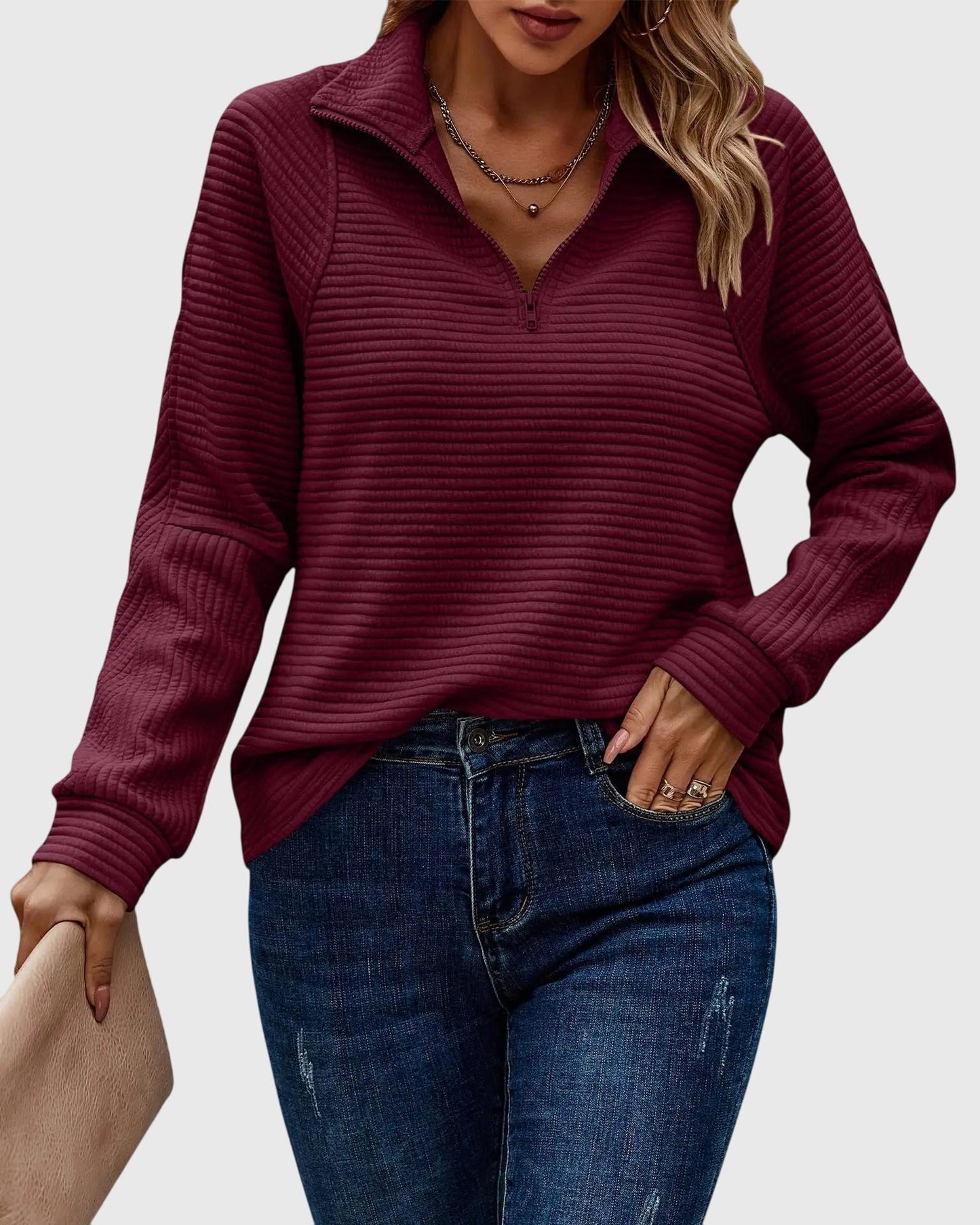 Women's Ribbed Half-Zip Jumper with Collar