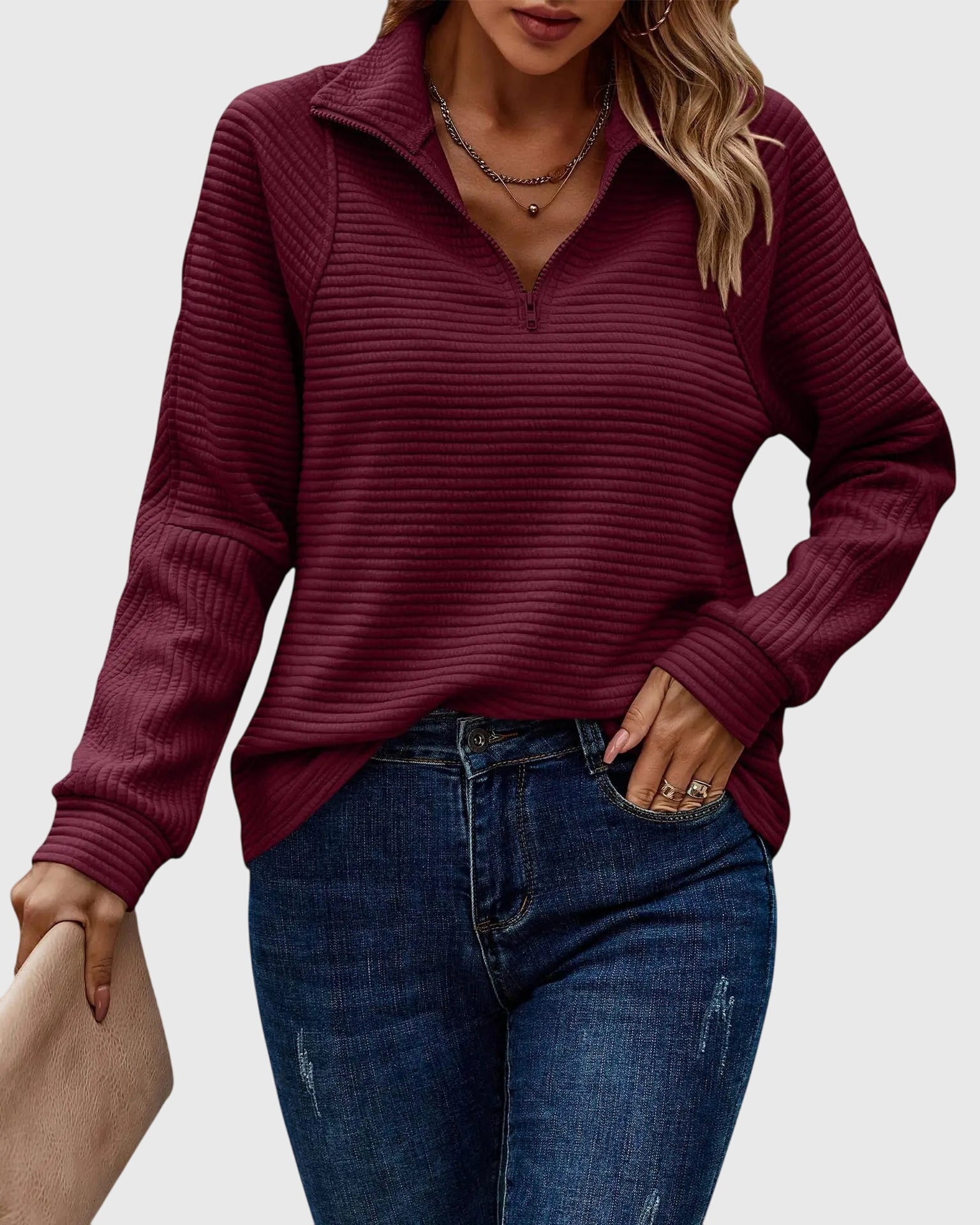 Women's Ribbed Half-Zip Jumper with Collar