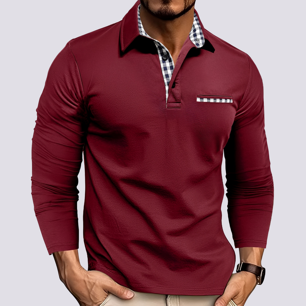 Men's Long-Sleeve Polo Shirt with Button Placket