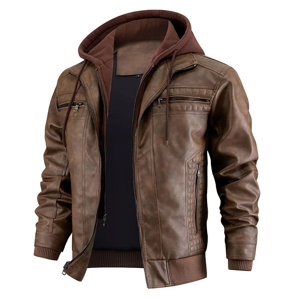 Men's Leather Look Coat with Detachable Hood