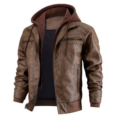 Men's Leather Look Coat with Detachable Hood