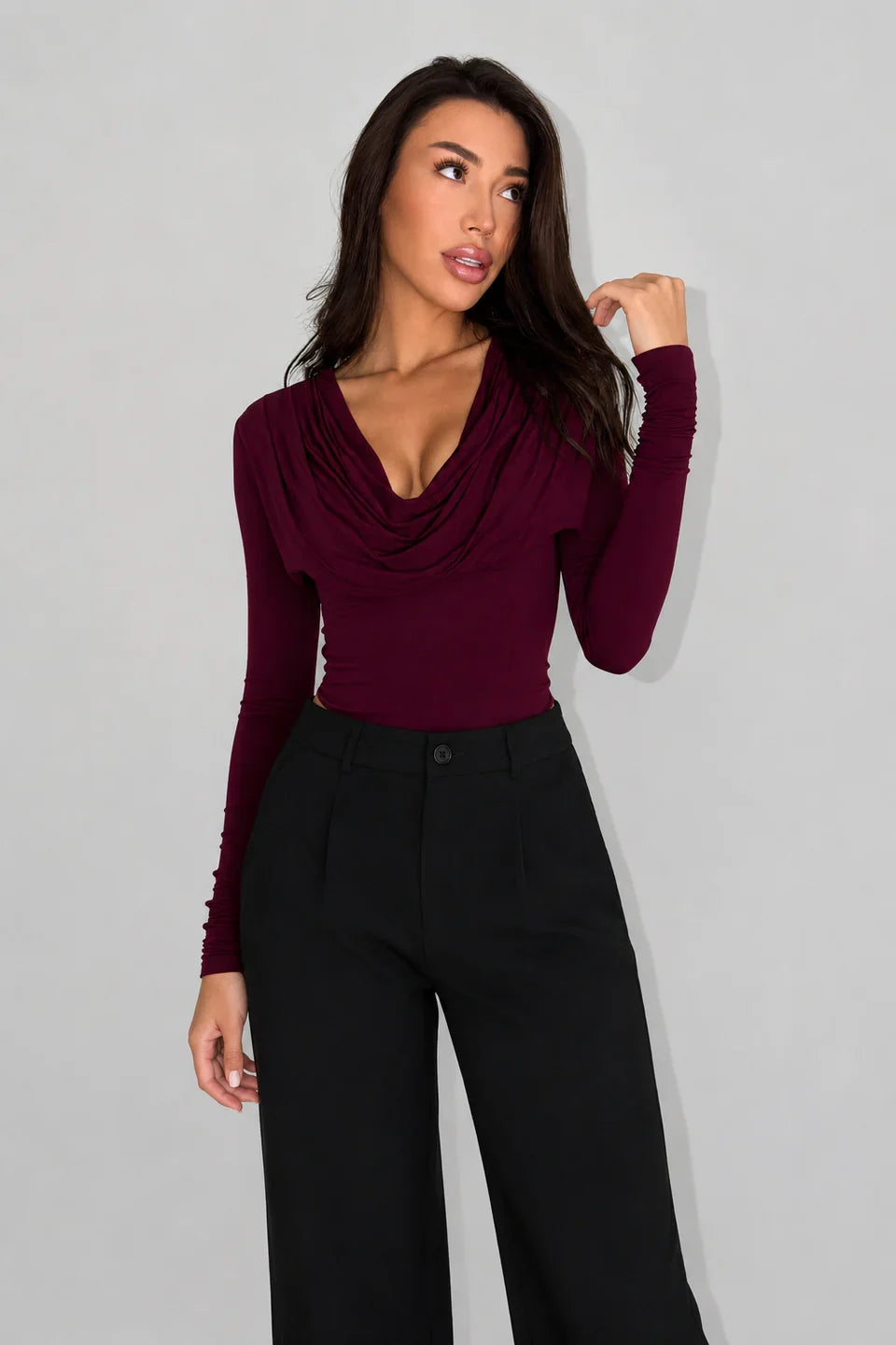 Claire - Women's Draped Cowl Neck Bodysuit with Long Sleeves – Bordeaux