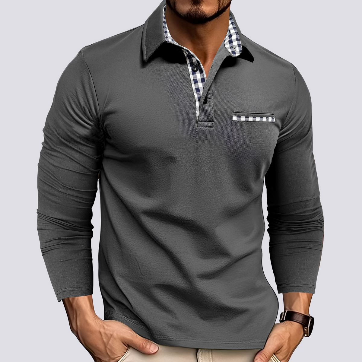Men's Long-Sleeve Polo Shirt with Button Placket