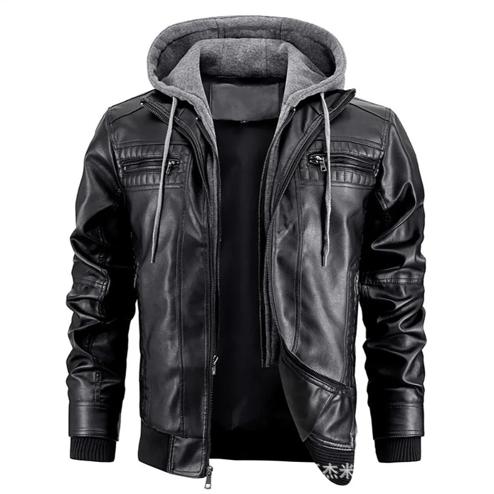 Men's Leather Look Coat with Detachable Hood