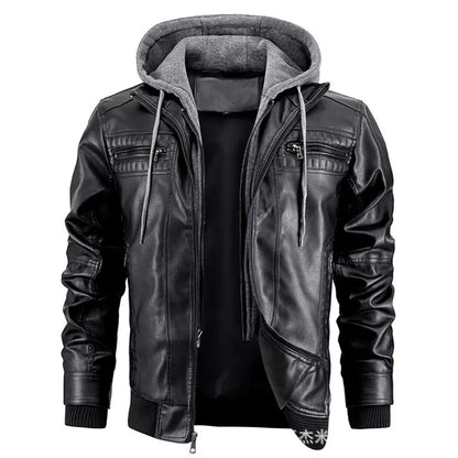 Men's Leather Look Coat with Detachable Hood