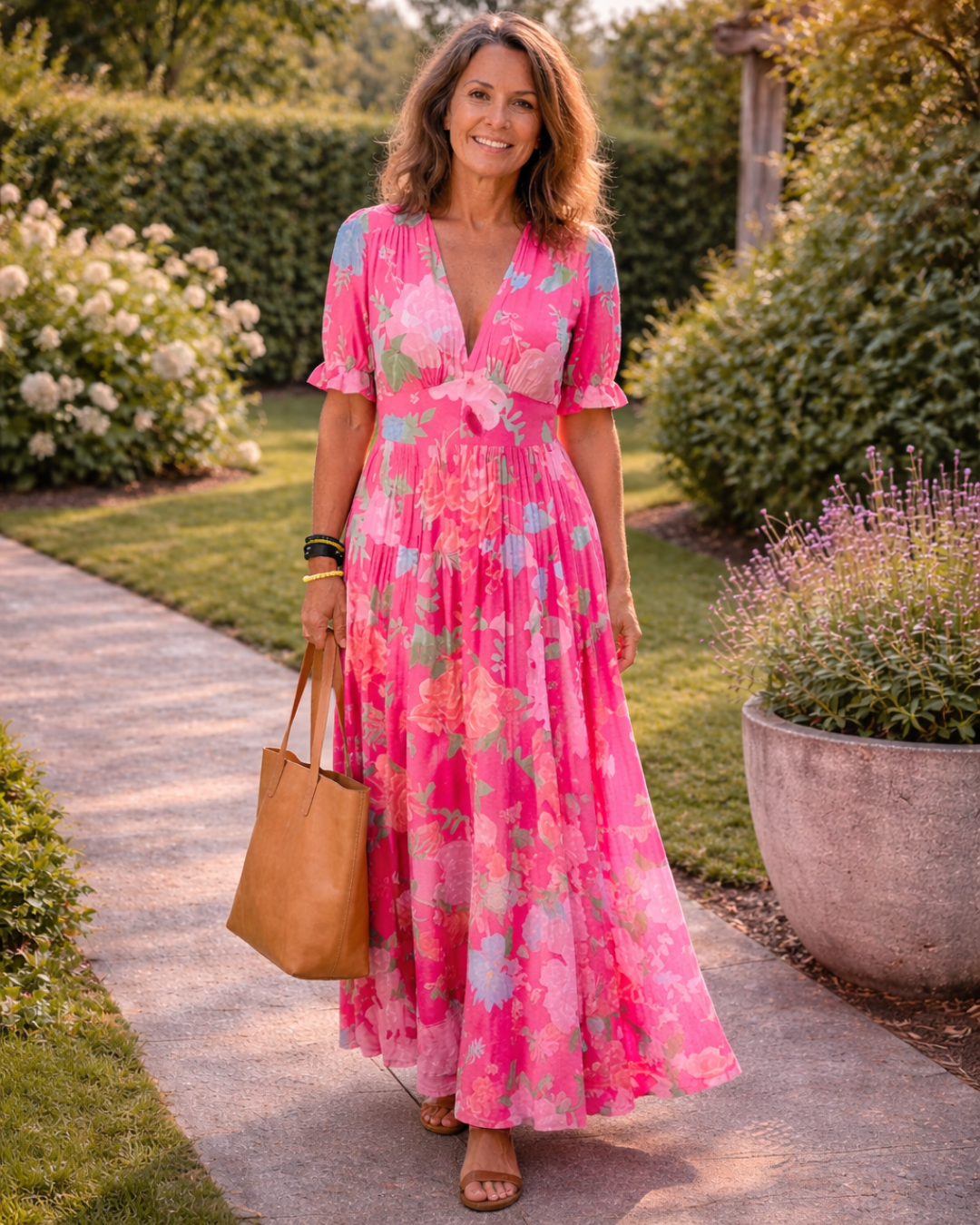 Women's Floral V-Neck Maxi Dress with Short Sleeves