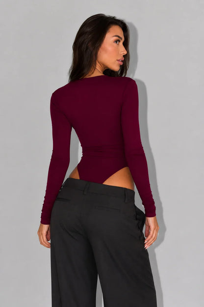 Claire - Women's Draped Cowl Neck Bodysuit with Long Sleeves