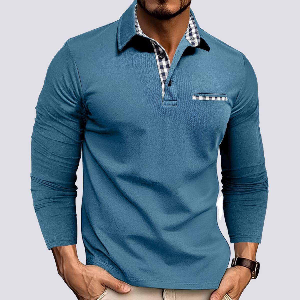 Men's Long-Sleeve Polo Shirt with Button Placket
