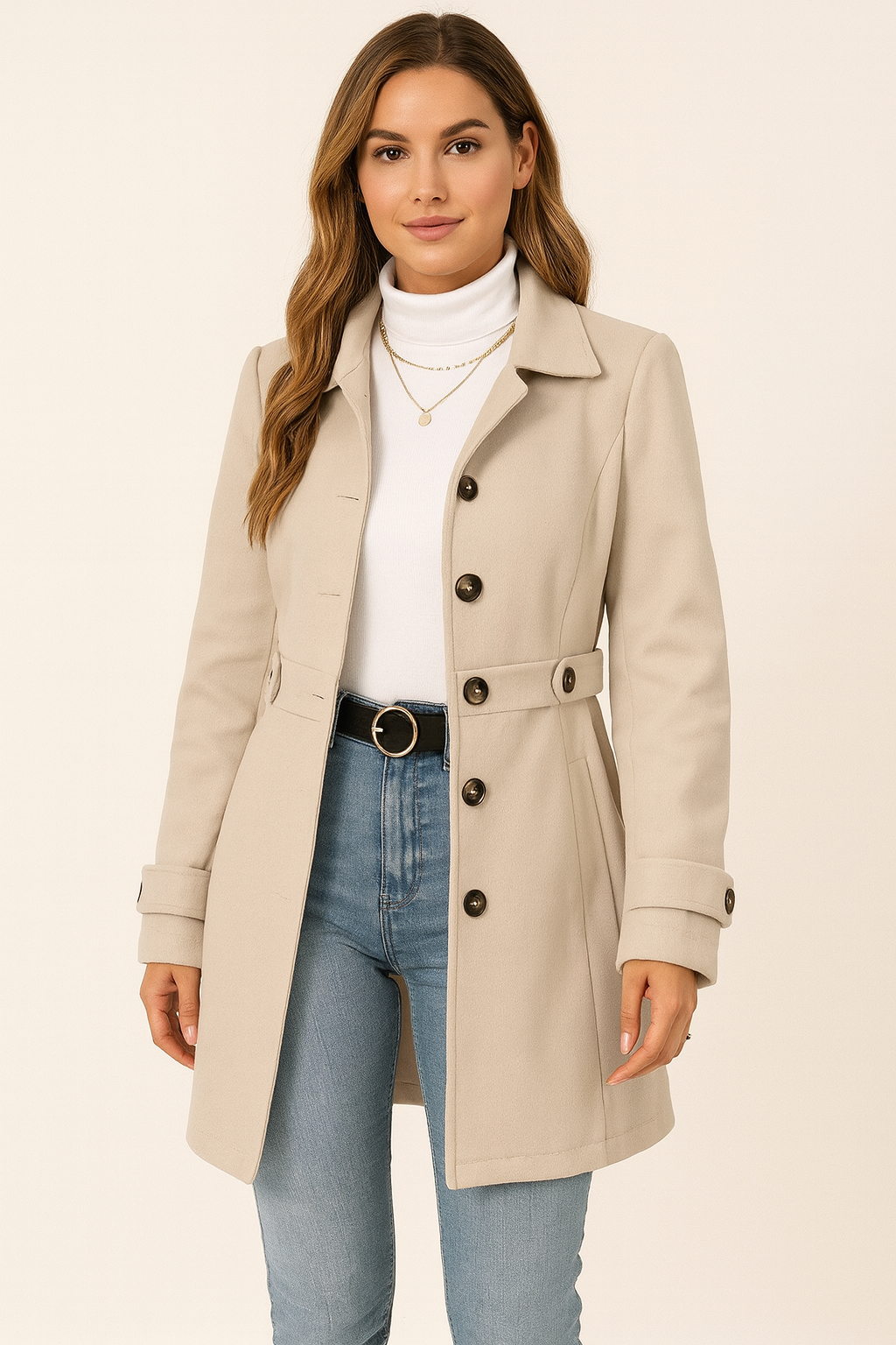 Women's Belted Trench Coat with Notch Lapels
