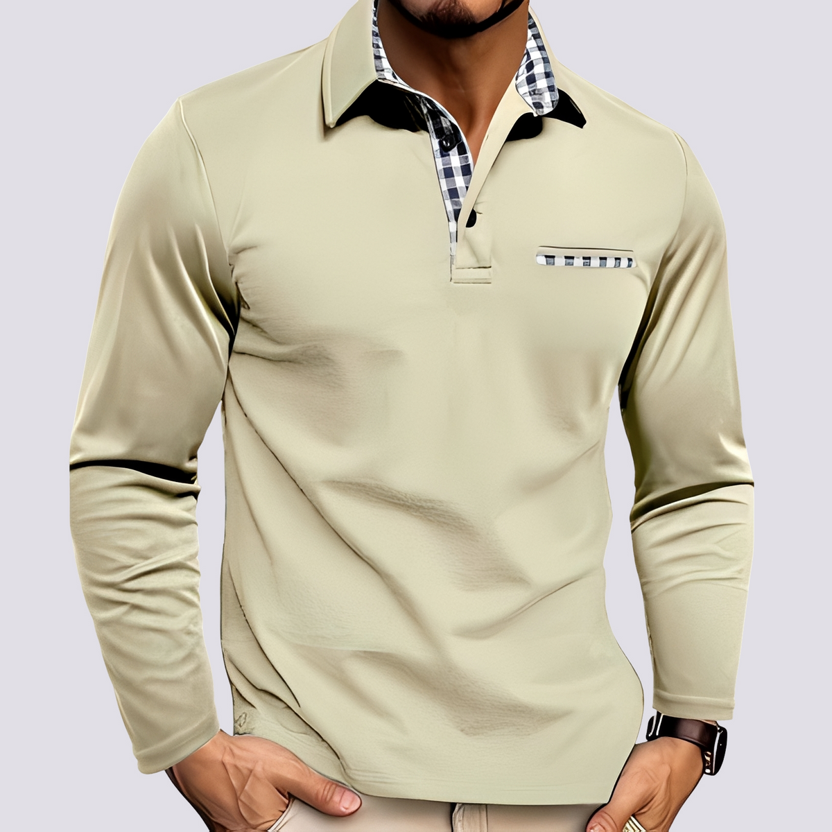 Men's Long-Sleeve Polo Shirt with Button Placket
