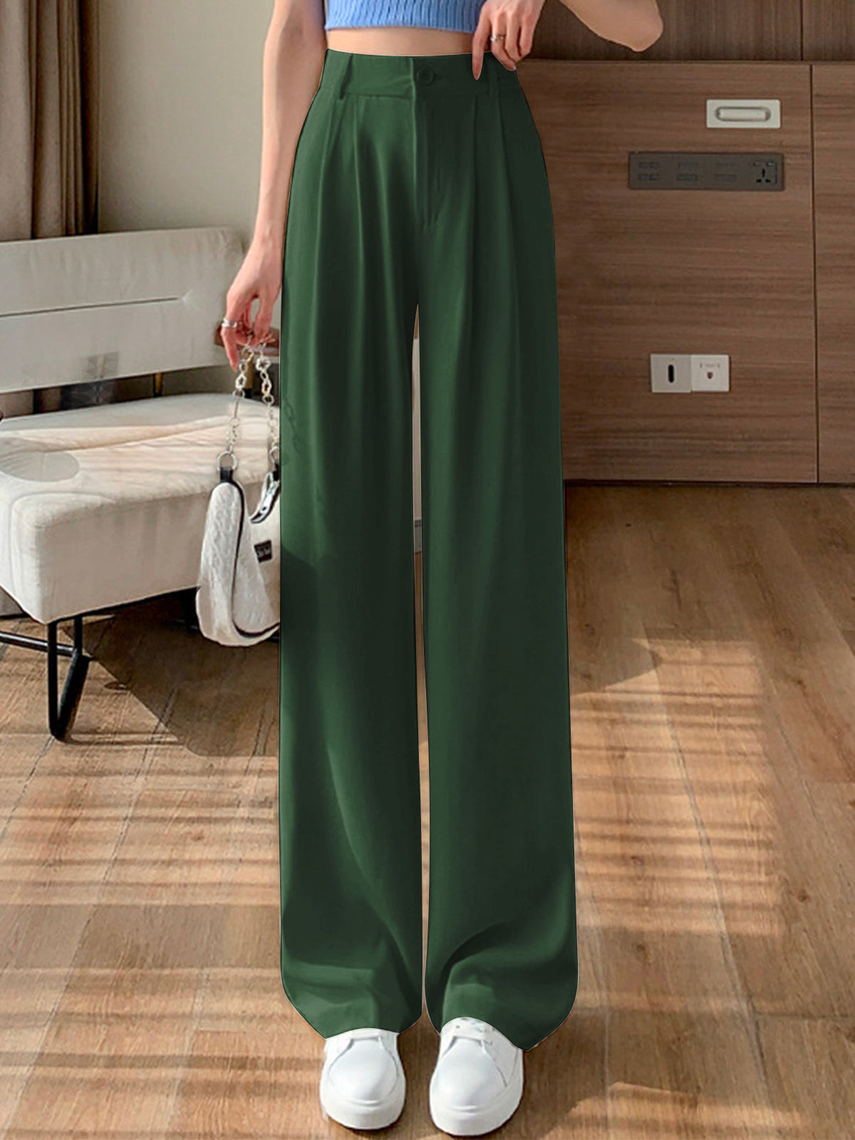 Women's Lisa - Solid Straight Wide-Leg Pants – Dark Green