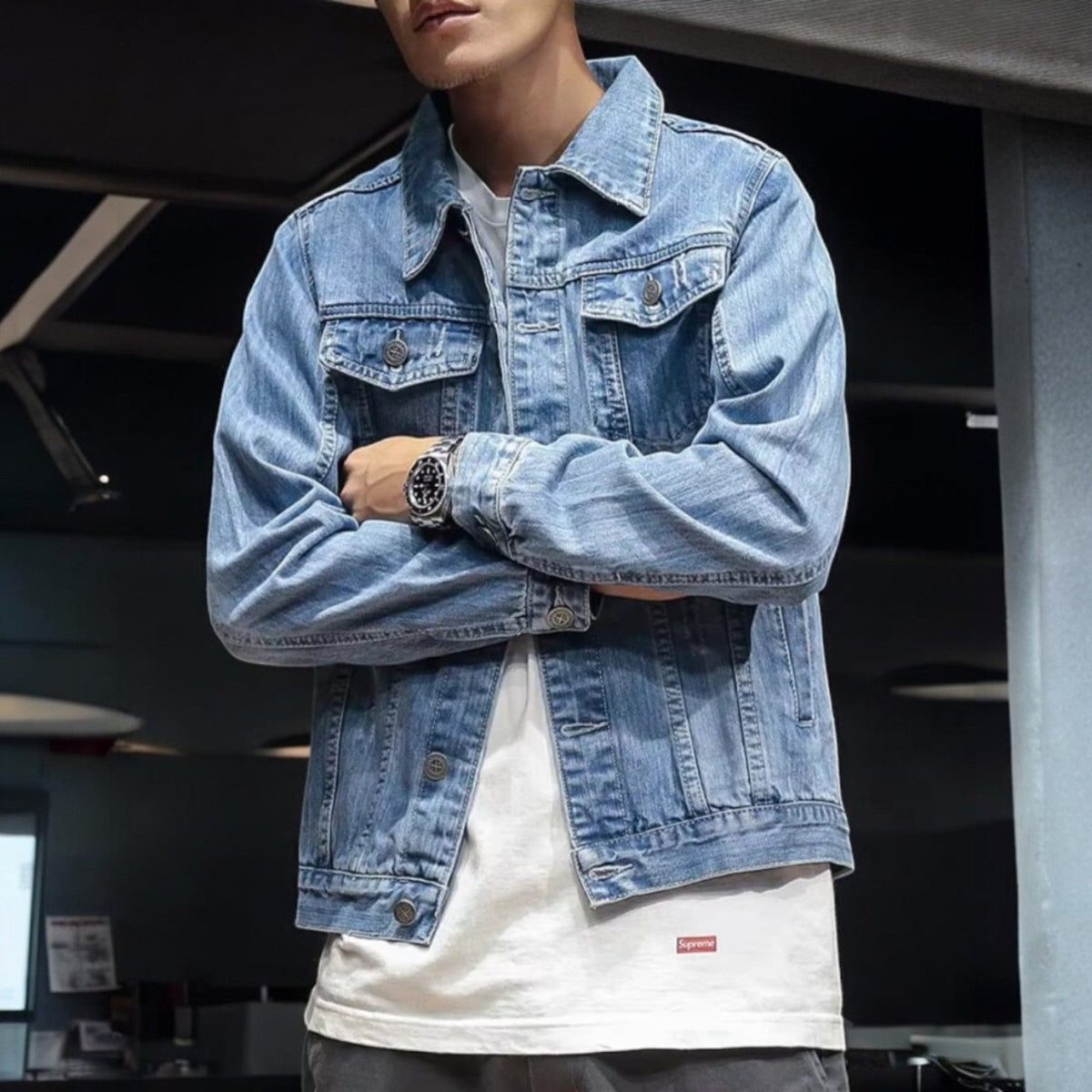 Men's Denim Jacket with Multiple Pockets
