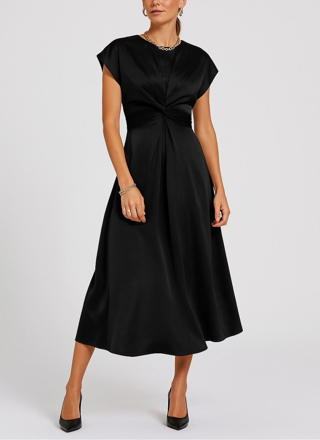 Women's Satin Midi Dress with Twist Front