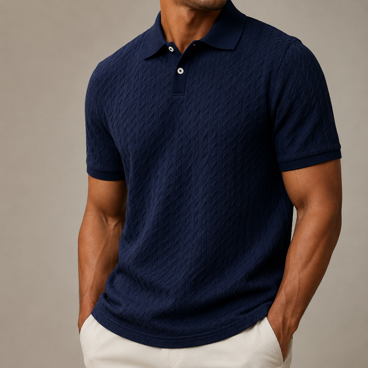 Men's Cable Knit Polo Shirt with Button Placket